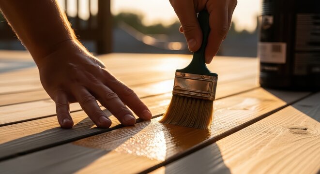 Applying stain to wooden decking with a brush under warm sunlight.