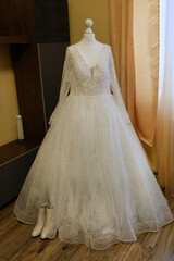 Sparkling wedding dress with long sleeves on a mannequin near a window in soft warm indoor light.