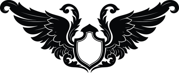 Fototapeta premium Black and white symmetrical winged emblem with ornate details