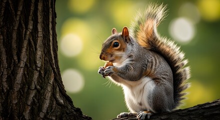 Obraz premium A squirrel standing on a tree branch eating a nut