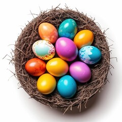 Obraz premium Colorful Easter Egg Decorating: A delightful assortment of dyes, wax, and exquisitely decorated eggs, presented as an engaging illustration on white.