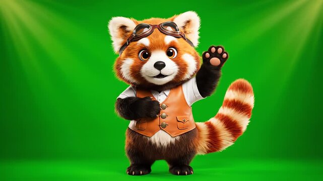 An adorable red panda character wearing a steampunk aviator vest and goggles waves cheerfully against a vibrant green studio background with cinematic lighting.