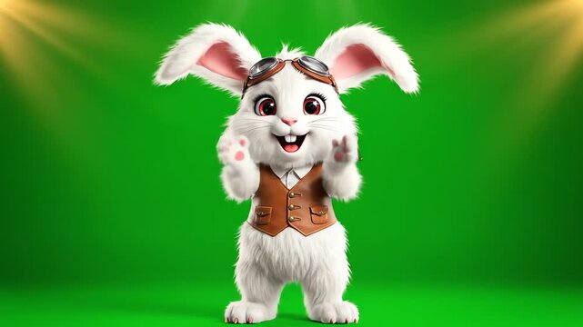 A cute 3D animated white rabbit wearing flight goggles and a leather vest claps and cheers enthusiastically against a vibrant green screen background.