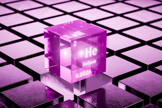 Helium, an element in the periodic table. The chemical element helium. Helium gas in the periodic table. A cube with the chemical element helium. 3d render