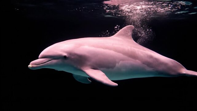 A beautiful pink dolphin gracefully swimming underwater in a dark environment with bubbles near its back.