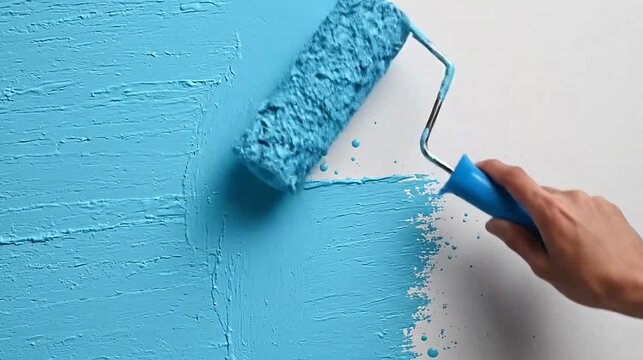 Close-up of a hand rolling vibrant blue paint onto a white surface, creating texture and splatters