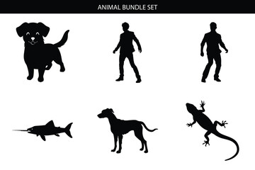 Animal silhouette icon set. Includes dog, shark, lizard, and human silhouettes. Created in black style with white background