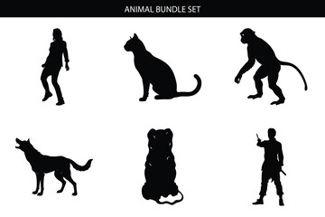 Animal silhouette icon set. Includes woman, cat, monkey, dog, bear, man. Created in black silhouette style.