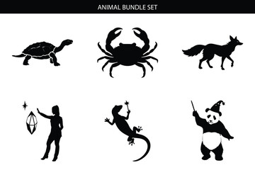 Animal silhouette icon set. Includes turtle, crab, fox, man, lizard, panda. Created in black silhouette style.