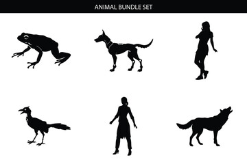Animal silhouette icon set. Includes frog, dog, woman, bird, man, wolf. Created in black silhouette style.