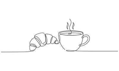 Coffee cup and croissant continuous line drawing. Breakfast in simple linear style. Pastry Croissant. Vector illustration