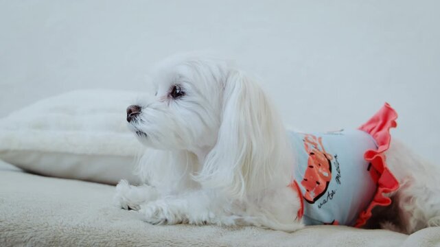 Adorable Maltese Dog Lying on Bed Missing Owner, Gazing Away. Lonely Pet Mood.