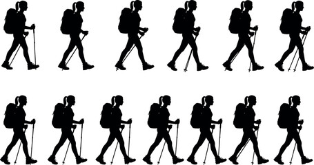 Female hiker walk cycle animation sprite sheet silhouette vector illustration sequence showing woman trekking with backpack and hiking poles gear