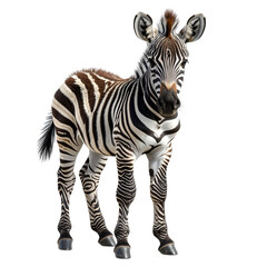 Baby zebra standing in front of black background with white stripe back.