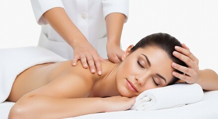 Obraz premium Relaxed client receiving professional neck and shoulder treatment with soft studio light
