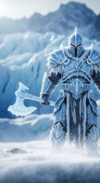 Frozen Warrior Stands Guard in Snowy Landscape.