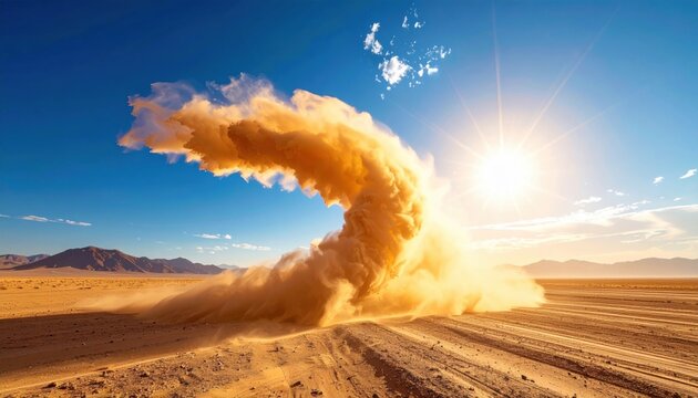 FlyPro_Firefly captures powerful dust devils swirling across a vast, dry, open plain under a bright, unforgiving sun in a photorealistic DSLR style.