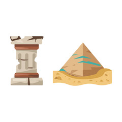 Ancient ruins icons, fallen column and desert pyramid, heritage day poster, archaeology dig session graphics, historical exploration event vector