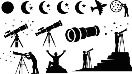 Astronomy silhouette vector collection, telescope observation set, moon phases and stars, stargazing people, space exploration icons, night sky discovery, science education elements, © Shopna