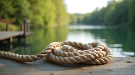 Fototapeta premium Coiled Rope on Wooden Dock by Serene Lake.
