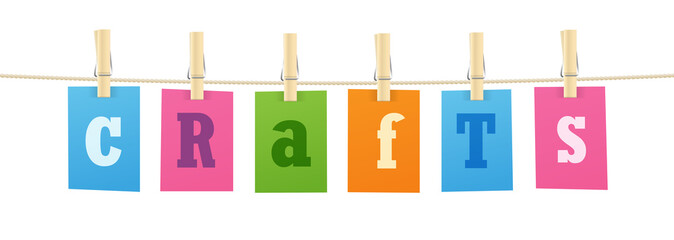 CRAFTS typography with colorful letters pinned to string with pegs