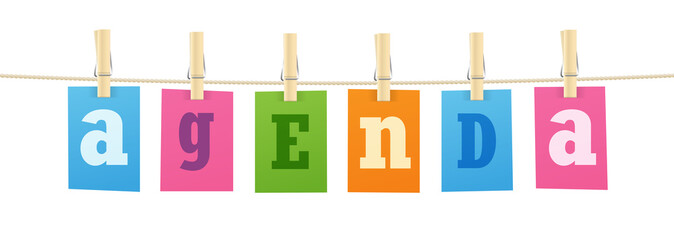AGENDA typography with colorful letters pinned to string with pegs