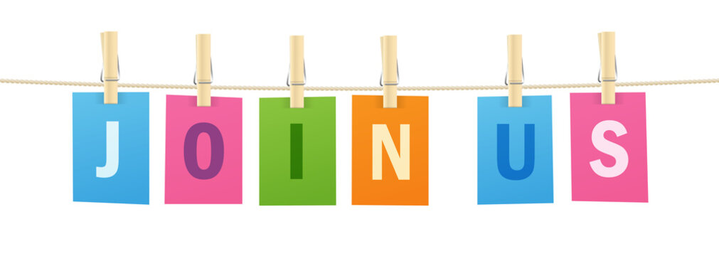 JOIN US typography with colorful letters pinned to string with pegs