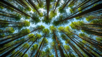 A mesmerizing perspective of a dense forest canopy with sunlight streaming through