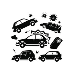 Fototapeta premium Black and White Car Crash and Vehicle Safety Vector Icon Illustration Set.