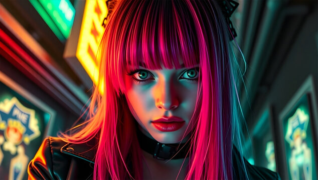 In a burst of fluorescents, a strikingly bold and edgy trashy glamorous gyaru stands out with her intense eyes and goth hip-hop style.  japanese subway
