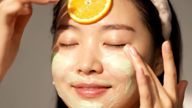 Woman applying facial cream with orange slice on her face, serene skincare routine, close-up shot