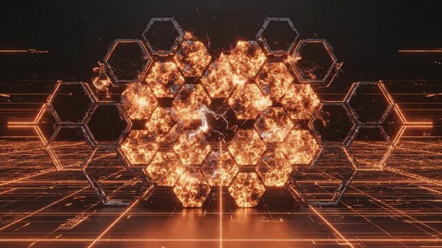 Electric Fire Hexagon Array for a Data Security Network 3D Render