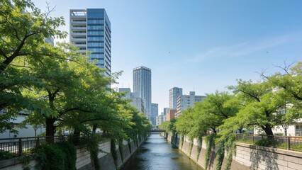 Urban river with green trees and tall buildings