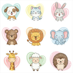 Obraz premium Cute cartoon animals in heart shapes for kids