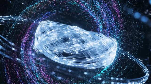 Abstract glowing fiber optic bundle rotating in a colorful vortex