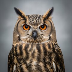 Obraz premium Intense closeup portrait captures the piercing orange eyes of a large feathered raptor against a neutral backdrop