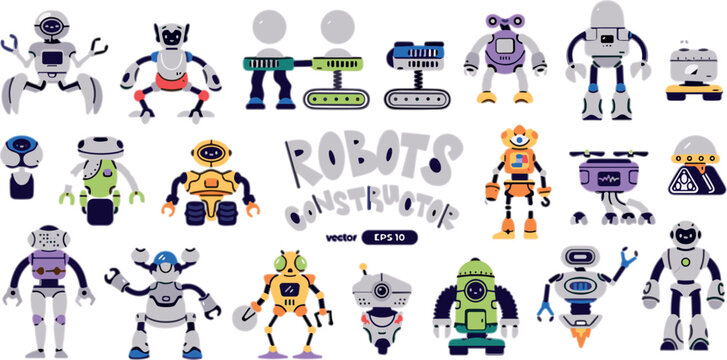 Robot constructors collection set featuring futuristic industrial android characters mechanical workers artificial intelligence machines cartoon flat vector illustration bundle