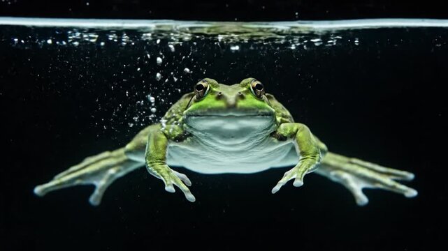 A green and brown frog swimming gracefully underwater, viewed from below with bubbles at the surface.