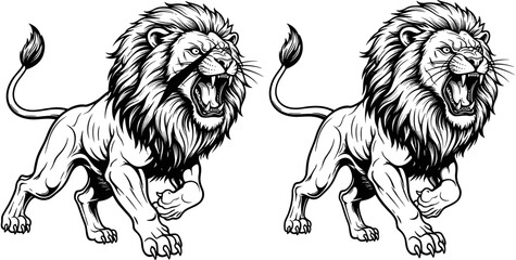Powerful roaring lion vector illustration, majestic wild animal silhouette, angry king predator mascot, aggressive feline jungle creature, hand drawn sketch design, © Shopna