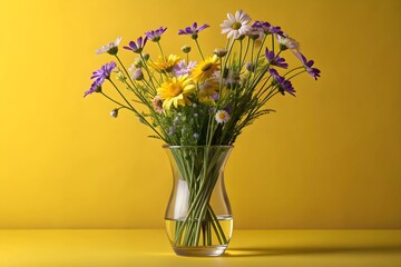 Bright flowers in a clear vase on a yellow background with water at the bottom during daylight hours