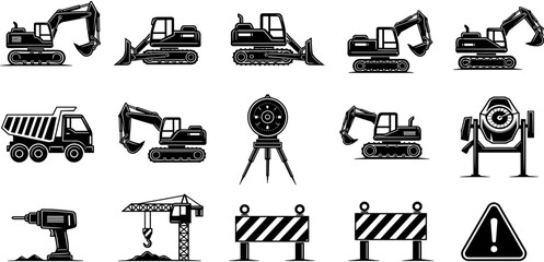 Heavy construction equipment and machinery icons set, excavator, bulldozer, crane, truck, road barrier, building industry vector silhouettes, site tools collection. © Shopna