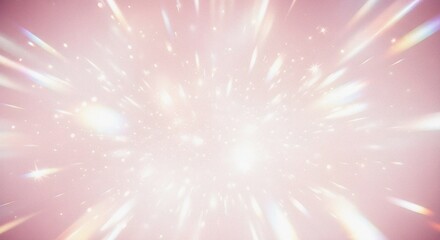Shimmering Bokeh Particles Exploding on Soft Rose Background with Radial Prismatic Streaks