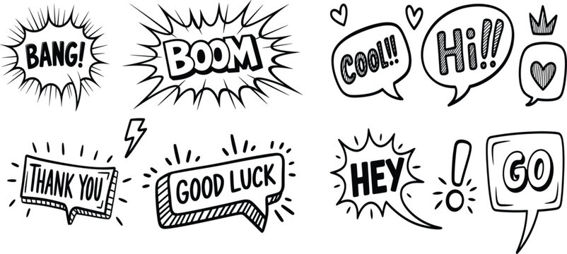Hand drawn comic speech bubbles set with bang boom hey cool hi and thank you words