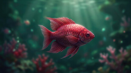 Fototapeta premium Australia day independance day a reddish fish swims amidst a dark green environment with other indistinct red shapes visible nearby