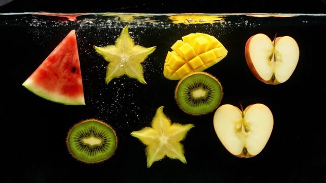 Assortment of fresh, colorful fruits including watermelon, star fruit, mango, kiwi, and apple, submerged in water against a dark background.