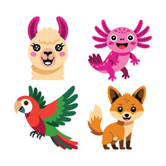 Fototapeta premium Cute llama fox parrot and axolotl cartoon animals, Latin America wildlife vector for kids birthday party and fiesta theme
