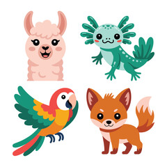 Fototapeta premium Llama axolotl fox and parrot friends, cute animal mascot vector for latino fiesta branding, sticker pack, kids festival design