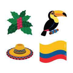 Fototapeta premium Colombia festival icon set with toucan bird, tropical flower, sombrero hat and national flag, Latin America independence day design