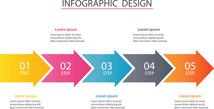 Horizontal Business Infographic Design - 5 Step Sequential Arrow Process Chart with Colorful Gradients for Strategic Planning and Workflow Management Vector
