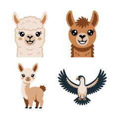 Fototapeta premium Peruvian wildlife icons with white llama, alpaca and soaring condor, south america animal vector for travel poster and festival